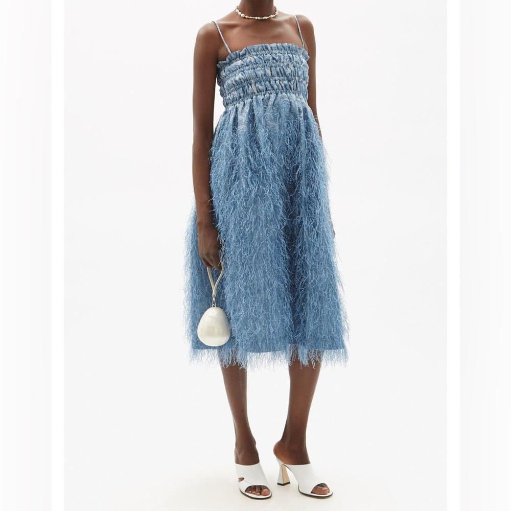 Ganni feather-trimmed brocade midi dress